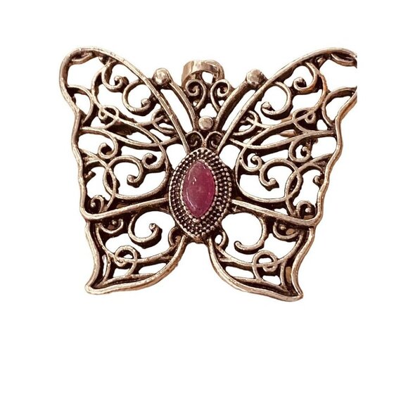 Silvertone Butterfly Pendant Brooch Purple Jewel 1.5" Filigree Style - Picture 14 of 14